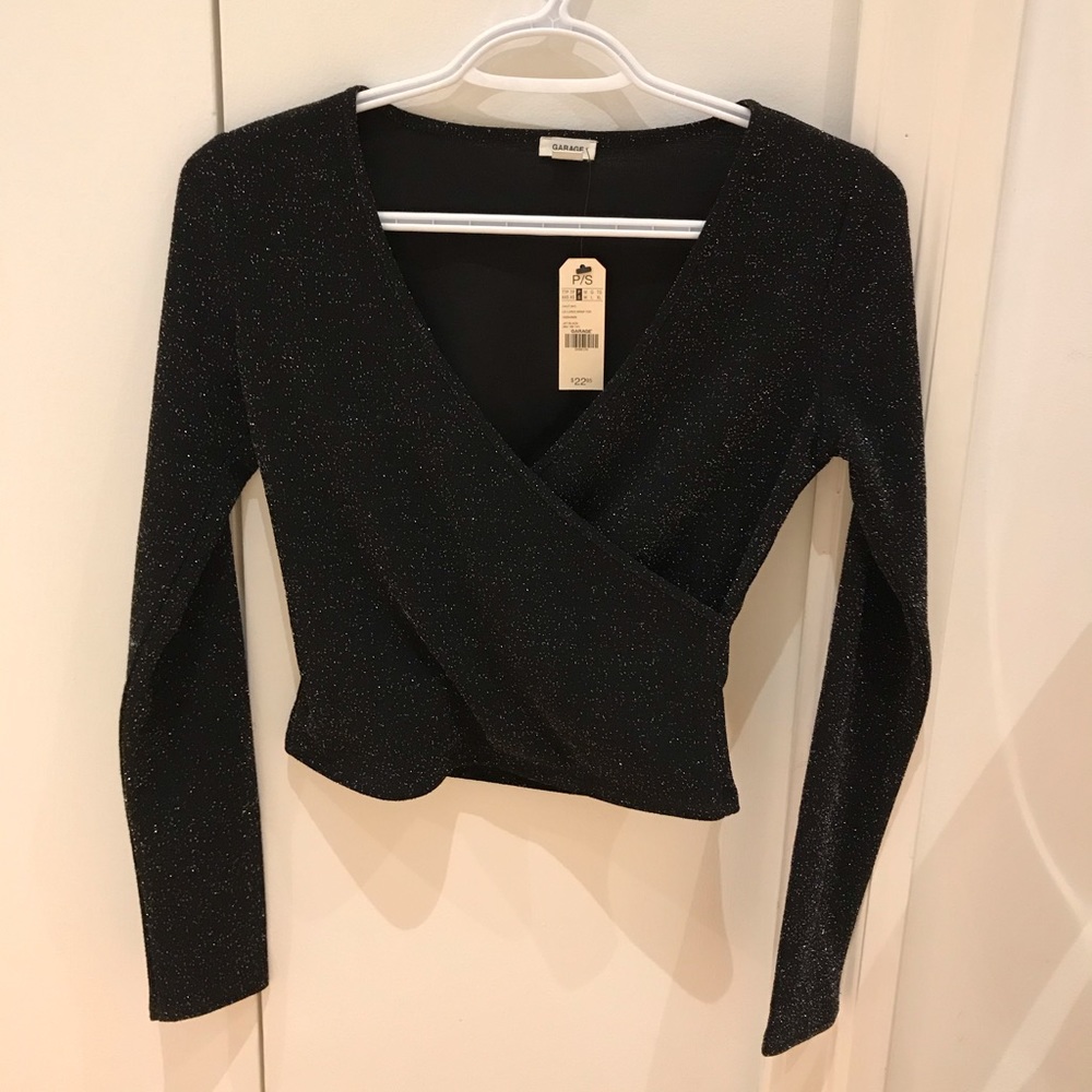 Sparkly wrap long sleeve black top